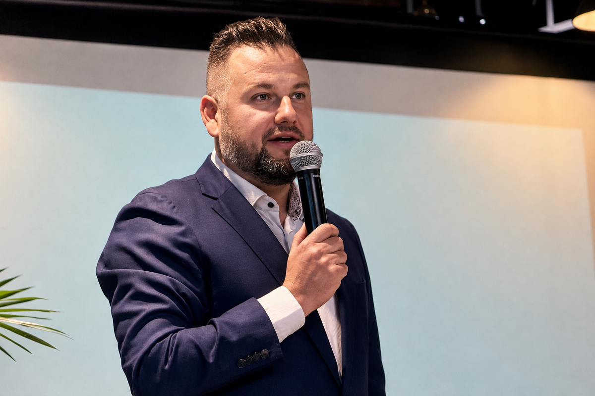 Oskar Ikers speaking at a business event | IKERS